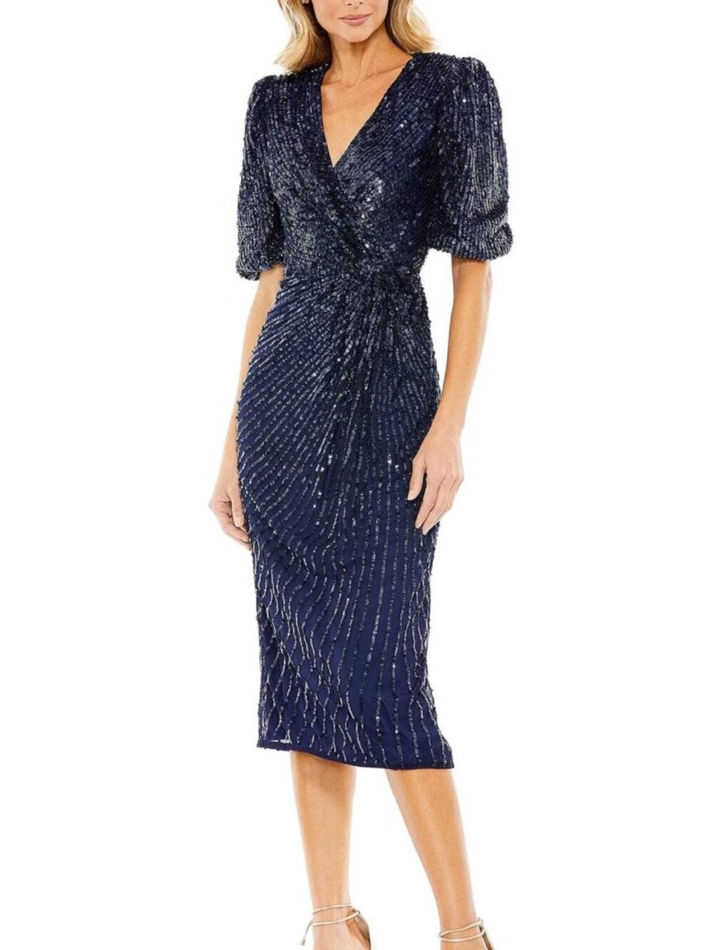 Mac Duggal Puff Sleeve Sequin Cocktail Midi Dress in Midnight, Size 4